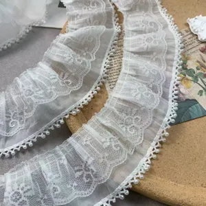 7cm double layer white chiffon pearl lace trim for DIY wedding dress clothing collar cuffs detail