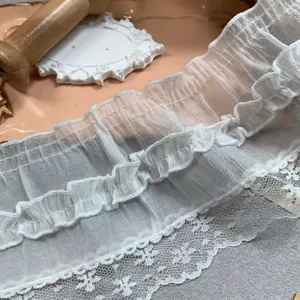 9cm wide white pleated organza lace trim for DIY clothing, Lolita dresses and home decor.