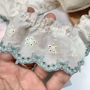 Close-up view of white pleated lace trim with blue butterfly embroidery and floral details.