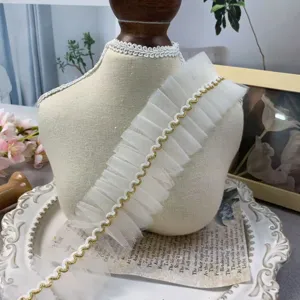 5cm breite plissierte Tüllspitze Borte mit goldener Kante für Kragen und DIY Handwerk.