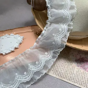7cm double layer dot mesh lace trim white ruffles fabric for DIY home decor sofa pillows