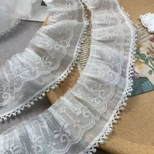 7cm double layer white chiffon pearl lace trim for wedding dress DIY sewing decor