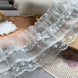 White pleated organza lace trim for DIY clothing, doll dress, and home textile decor 9cm
