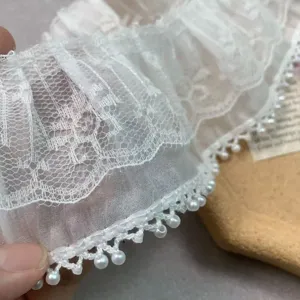 White 7cm double layer chiffon pearl lace trim for DIY wedding dress collar cuffs decor