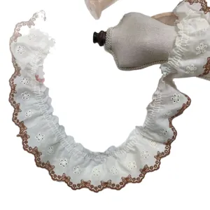 5.5cm wide white cotton pleated lace trim with brown butterfly embroidery, perfect for lolita dress diy.