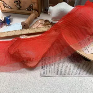 12cm wide double-layer pleated mesh lace trim for DIY doll clothes and garment sewing.