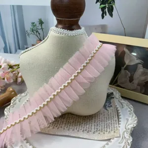 5cm plissierte Netzspitze Rüschen Borte rosa Stoffband für Kleidung Kragen DIY Nähhandwerk