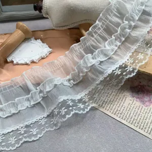Details of 9cm white pleated chiffon lace trim, perfect for DIY crafts and doll clothes.