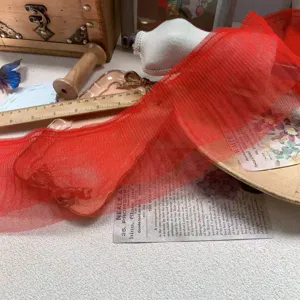Red double-layer pleated tulle lace trim 12cm wide for DIY sewing crafts apparel decoration