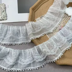 7cm wide double layer white chiffon lace trim with pearls for wedding dress DIY sewing crafts