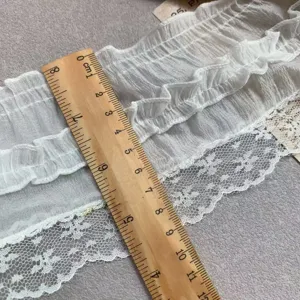 White ruffled chiffon lace trim detail closeup, 9cm width, perfect for DIY sewing crafts.