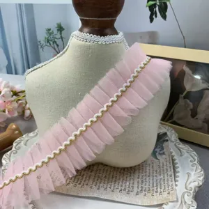 5cm geraffte Tüllspitze Borte rosa plissiertes Mesh Gewebe für Kragen DIY Nähdekor