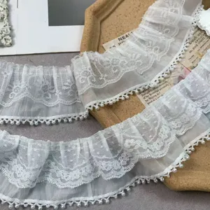 Double Layered Chiffon Pearl Lace Trim White Ruffle Ribbon With Tassel Beads For Wedding Dress DIY Craft Clothing Sewing Accessories