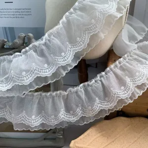 White double-layer dot mesh lace trim detail, 7cm wide wavy edge fabric for DIY sewing crafts.
