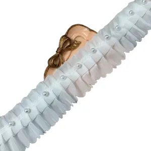 8cm wide white pleated chiffon organza ribbon lace trim with faux pearls for garment sewing decor.