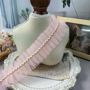 5cm rosa plissierte Tüllspitze mit gold-weißer Borte für DIY Nähzubehör Dekoration
