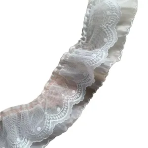 7cm double layer polka dot mesh lace trim non-elastic ruffle for DIY sewing home decor