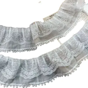 7cm wide double layer white chiffon pearl lace trim for DIY wedding dress collar cuffs 1yd