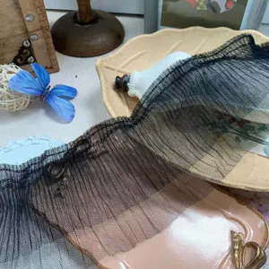 12cm wide black double layer pleated mesh lace trim for DIY doll clothes sewing accessories.