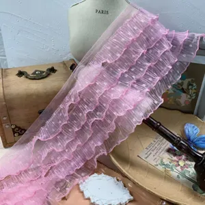 15cm 5-layer pink polka dot mesh ruffled lace trim, perfect for doll clothes and DIY sewing.