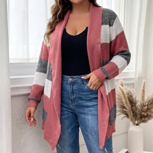 Women color block knitted cardigan casual long sleeve open front sweater outerwear.