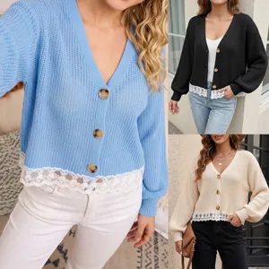 Femme automne hiver cardigan en tricot col V boutons dentelle patchwork pull ample
