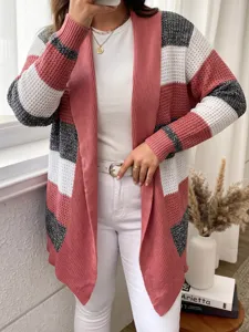 Women's color block striped open front cardigan sweater, loose fit casual knit outerwear.