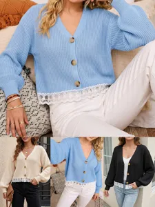 Cardigan en Tricot Ample pour Femme Col en V Patchwork de Dentelle Ourlet en Maille Effet Deux Pièces Tricots pour Femme