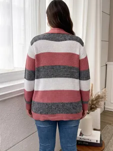 Plus size colorblock striped knitted cardigan sweater, casual loose long sleeve outerwear.