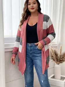 Plus size color block knit cardigan for women casual open front long sleeve sweater outerwear.