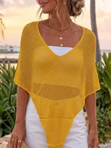 Mujer poncho tejido punto irregular triangular capa top calado playa moda chic nuevo