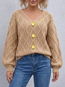 Schicker Damen V-Ausschnitt Strickpullover mit Blumen, gemütliches lässiges Herbst Winter Oberteil.