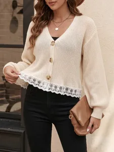 Cardigan en tricot automne hiver pour femme avec ourlet en dentelle ample et décontracté.