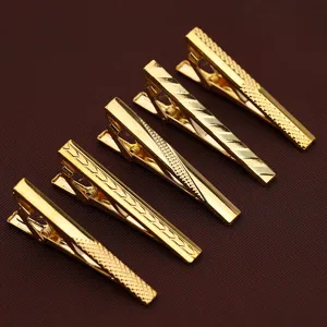 Men Business Formal Gold Iron Tie Clip Simple Geometric Engraved Pattern Rhinestone Inlaid Metal Tie Bar For Suit Wedding Party Jewelry Accessory