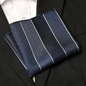 Men's dark blue striped polyester pocket square, elegant suit handkerchief detail display.