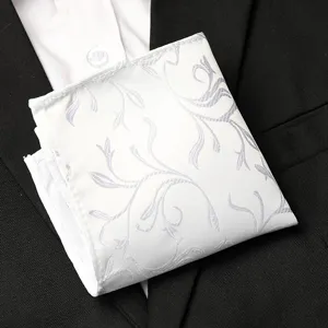 Elegant white mens pocket square with silver floral pattern for formal suits and business.