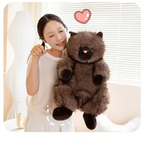 Fluffy Siamese cat plush toy detail, soft long brown fur, cute blue eyes cuddle doll gift.