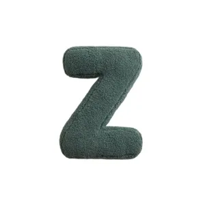 Green letter Z shaped plush throw pillow, soft fuzzy fabric decorative cushion for sofa.