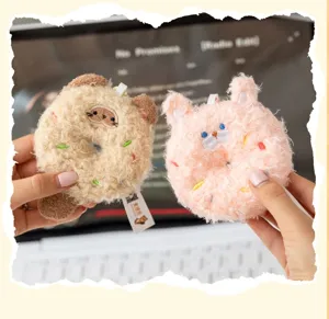 Cute mini donut animal plush keychain detail view, soft hanging ornament accessory for bags.