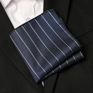 Classic navy blue pocket square with white vertical stripes for men suits and formal wear.