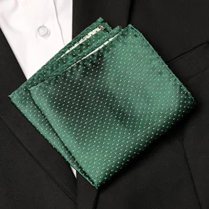 Green polka dot pocket square detail, stylish mens formal suit accessory handkerchief.