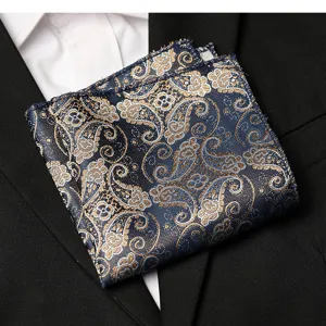 Men's blue paisley pocket square, elegant suit handkerchief for formal business events.