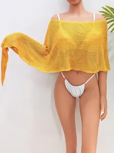 Mujer calada punto playa cubierta poncho dobladillo irregular amarillo verano top