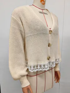 Gilet en tricot ample femme automne hiver dentelle manches longues col V vetement chic
