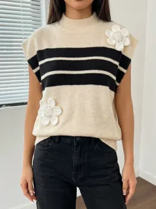 Chaleco de punto sin mangas a rayas bloque de colores con flores 3D y perlas mujer.