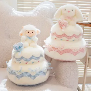 Adorable peluche gâteau à deux étages avec poupée mouton et lapin, doux cadeau.