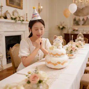 Gros plan sur le jouet gateau chat en peluche dans une scene d'anniversaire pour filles.