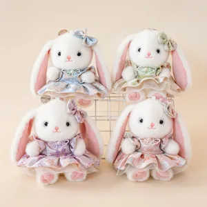 Cute plush rabbit keychain with floral dress, soft long ear bunny bag pendant toys.