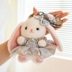 Cute plush rabbit keychain with floral dress soft long ear bunny bag pendant accessory