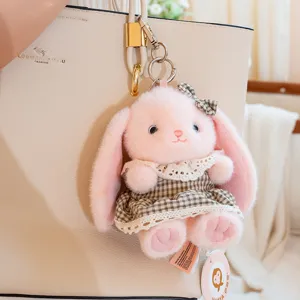 Fluffy bunny plush toy keychain cute rabbit bag pendant with plaid dress decor
